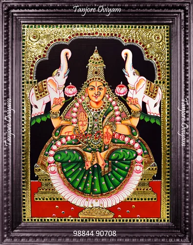 Gajalakshmi Lotus Tanjore painting seated lotus white elephants green saree gold foil artwork